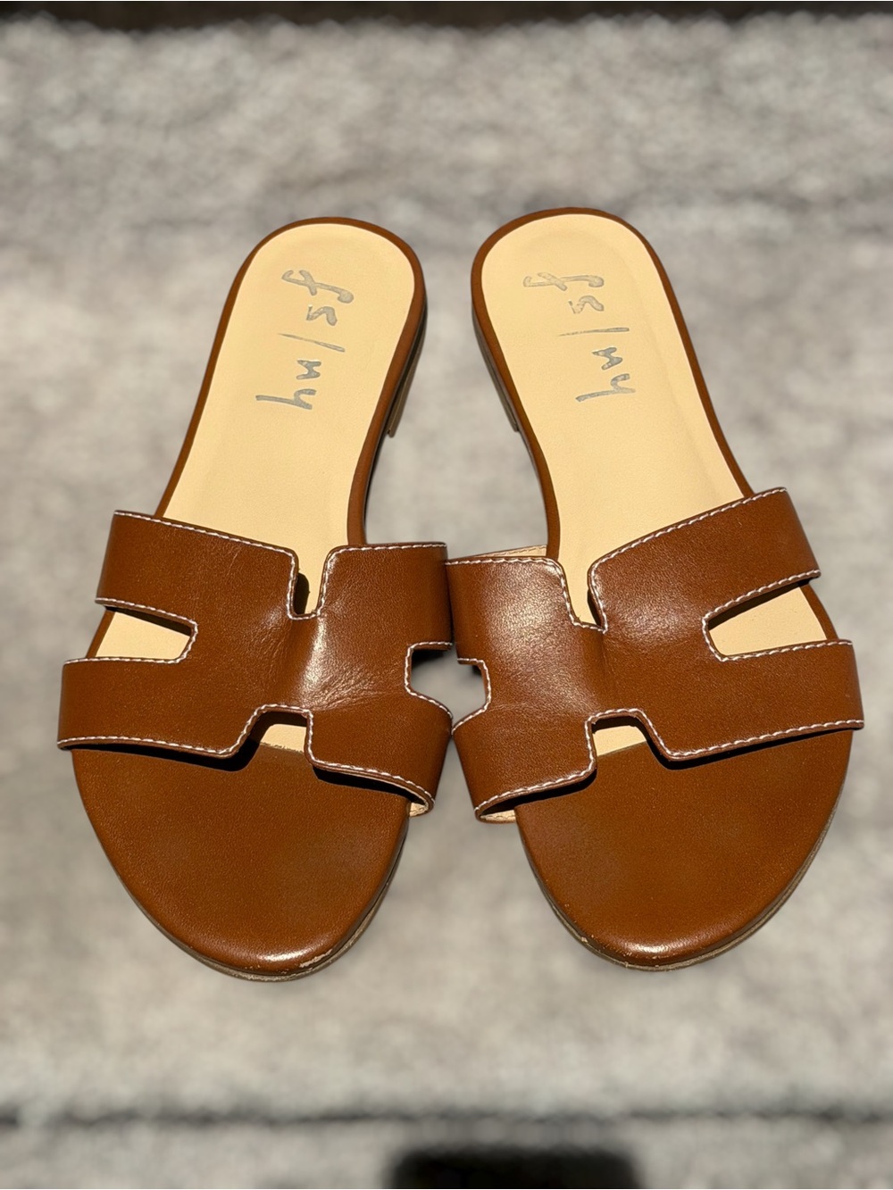 French Sole Alibi Leather Slide Sandals Cognac H Cutout Beach Summer Vacation - Picture 2 of 8